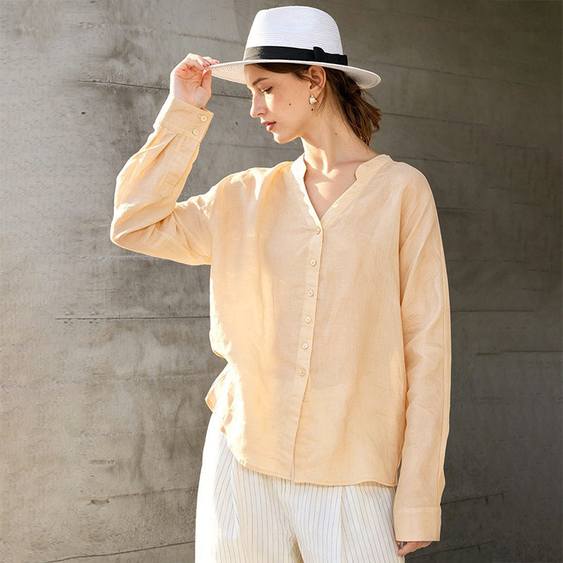 Ramie V-Neck Long Sleeve Blouse