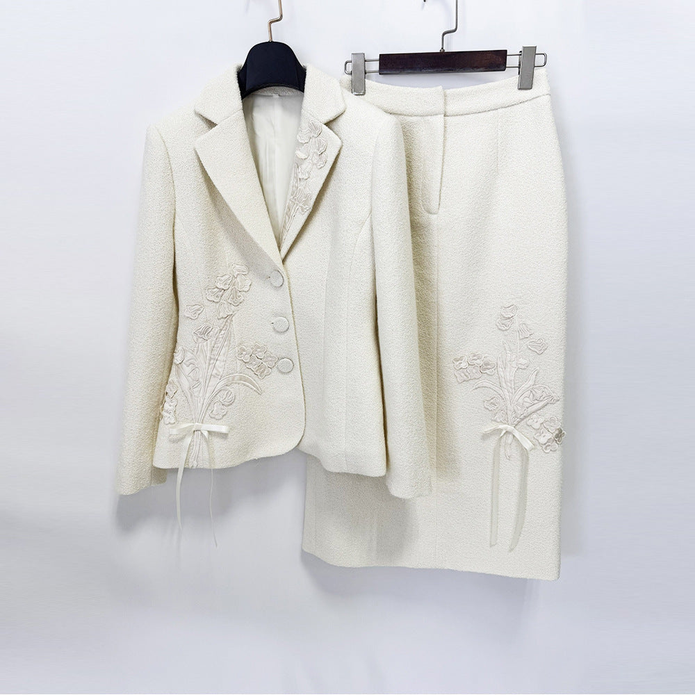 Embroidered Floral Applique Woolen Blazer & Midi Skirt Suit Set
