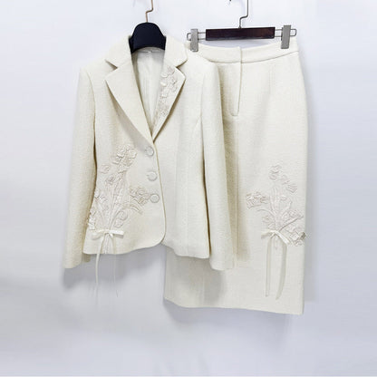 Embroidered Floral Applique Woolen Blazer & Midi Skirt Suit Set