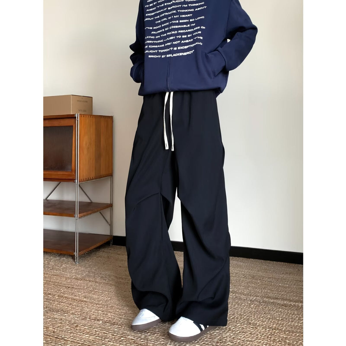Solid-color Pleated Workwear Mens Straight-leg Loose Wide-leg Versatile Minimalist Drawstring Casual Trousers
