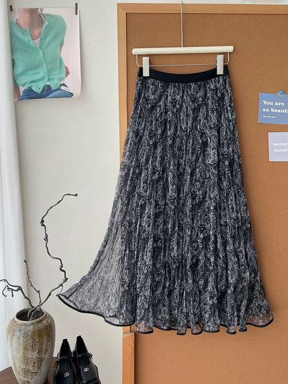 Retro-relaxed Mesh Paisley Pleated Midi Skirt