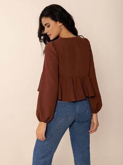 Peplum Tied V-Neck Long Sleeve Blouse for Women