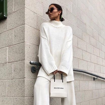 Knitted pullover loose irregular thick sweater high neck knitted sweater