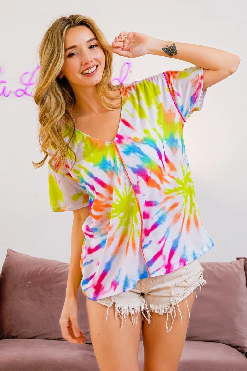 BiBi Tie Dye Print Jersey Stitched V Neck Top