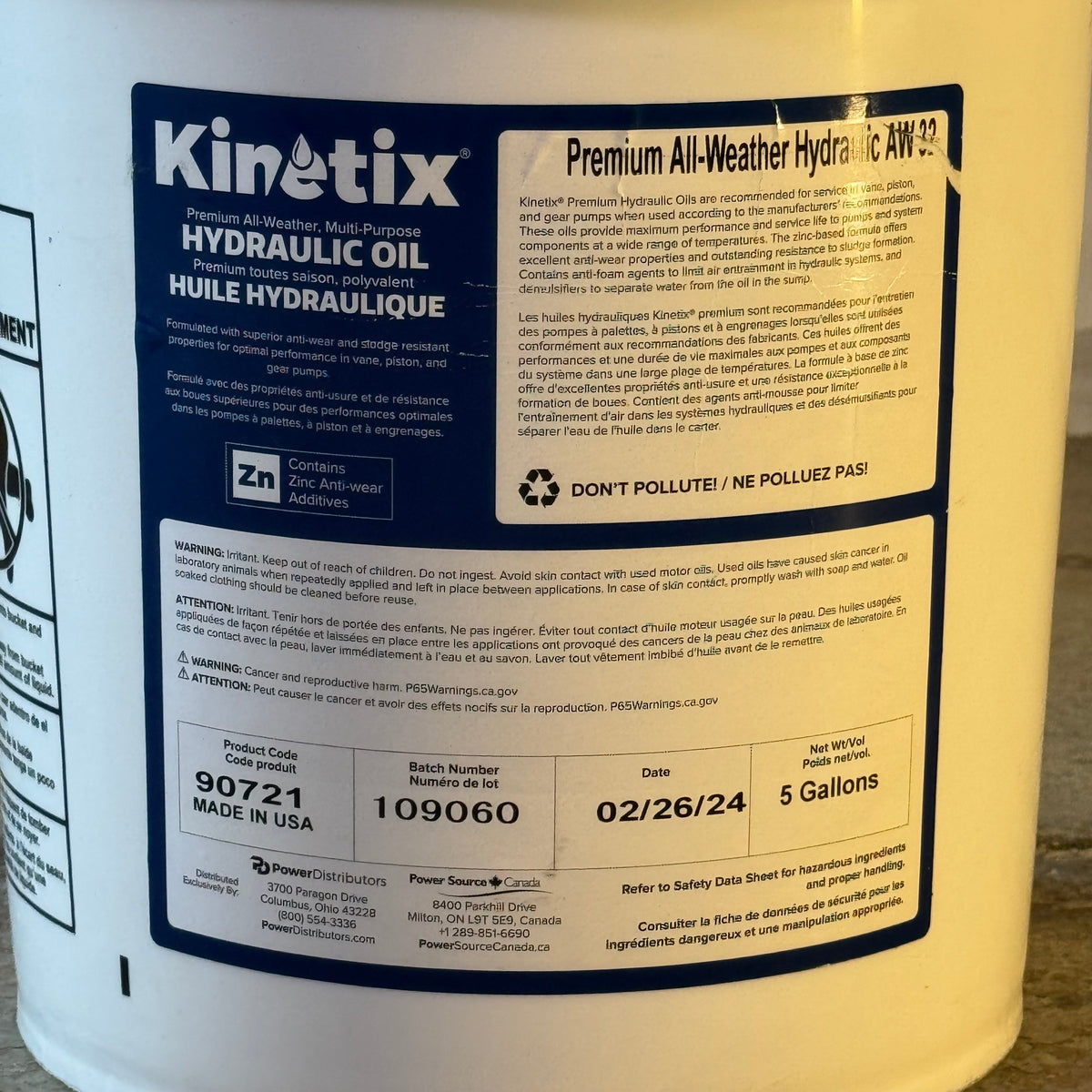 KINETIX Hydraulic Oil 5 Gallons White 90721