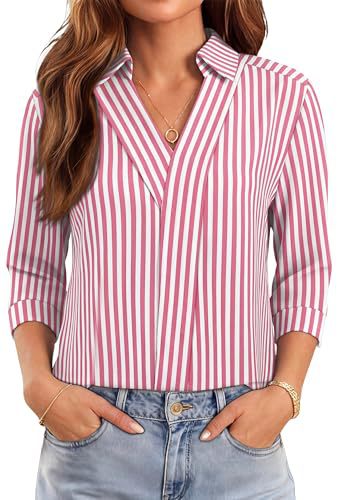 Womens Casual Striped Blouse With Three-quarter Sleeves
