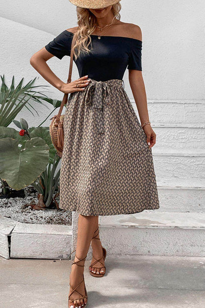 Perfee Printed Tie Belt Off-Shoulder Dress for Women