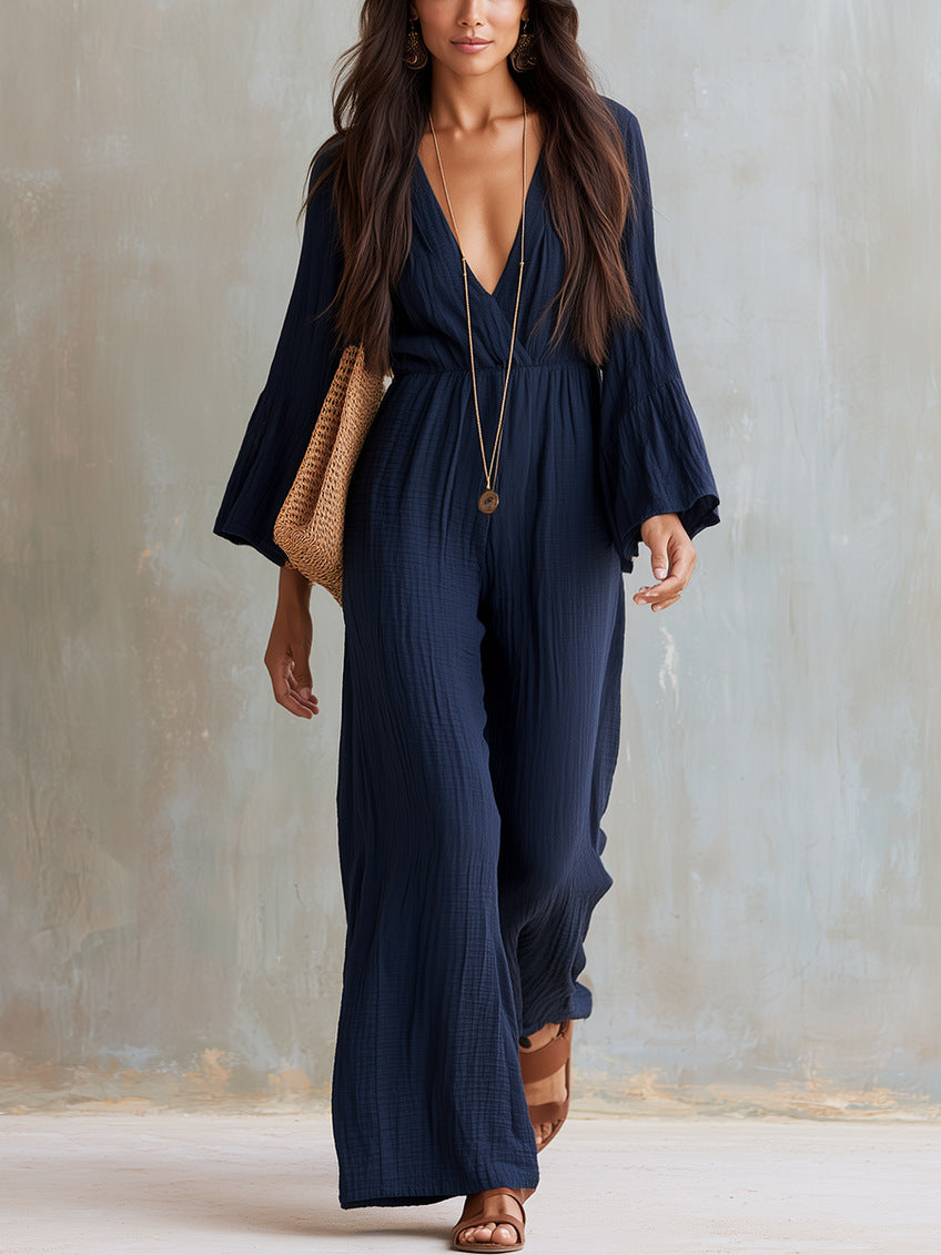 Bohemian-style V-neck Loose-fit Wide-leg Jumpsuit