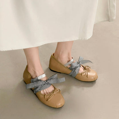 Women Sweet Fairy Gingham Check Ribbon Ankle Wrap Mary Jane Ballet Flats, Split Toe Mini Front Bow Single Strap Soft Leather Convertible Two-Way Wear Casual Daily Picnic Doll Slippers Pastel