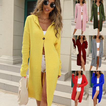 Women's Hooded Long Sleeve Solid Color Knitted Cardigan