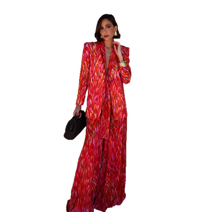 Women's Jacquard V-neck Padded-shoulder Polyester Suit With Trousers