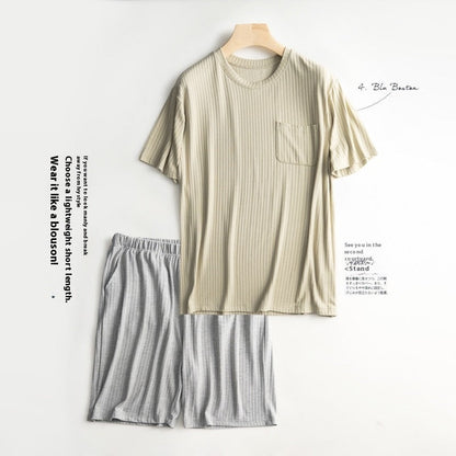 Men's Home Wear Thin Summer T-shirt Half Sleeve Shorts Suit Skin-friendly
