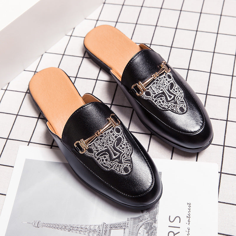 Men's Closed Toe Half Slippers: Bright Leather, Fashion Embroidery