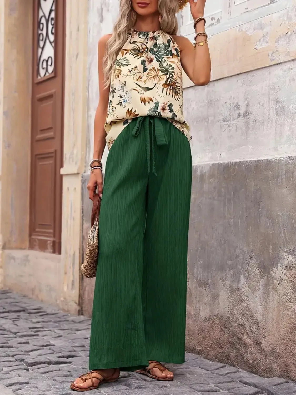 Printed Tank Top and Wide Leg Pants Set