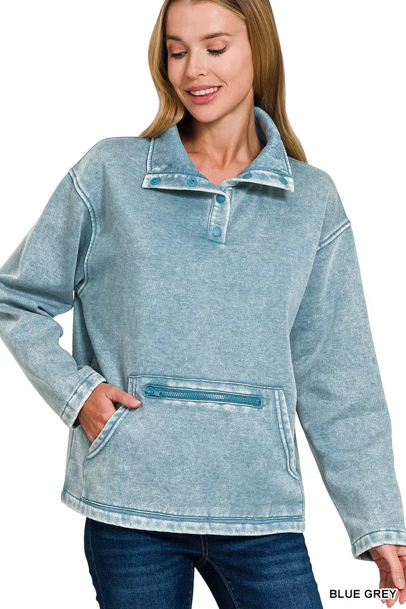 Zenana Fleece Washed High Neck Kangaroo Pocket Sweatshirt
