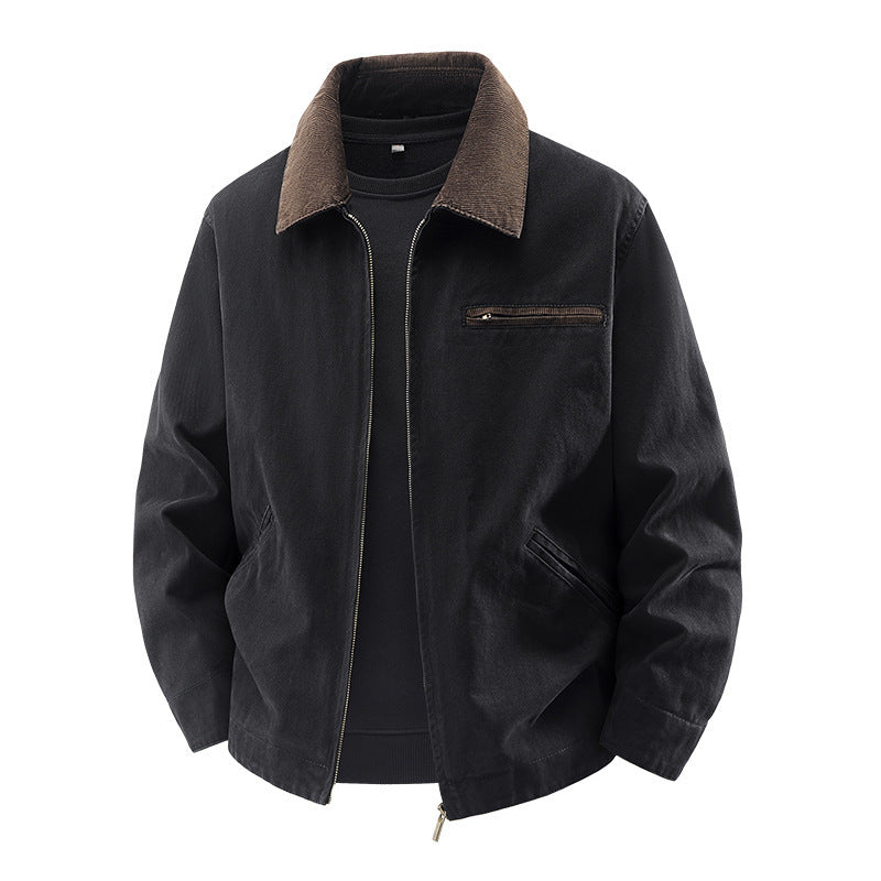 Lightweight Loose-fit Plus-size Washed Work Jacket With A Lapel Collar