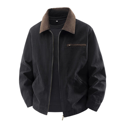 Lightweight Loose-fit Plus-size Washed Work Jacket With A Lapel Collar