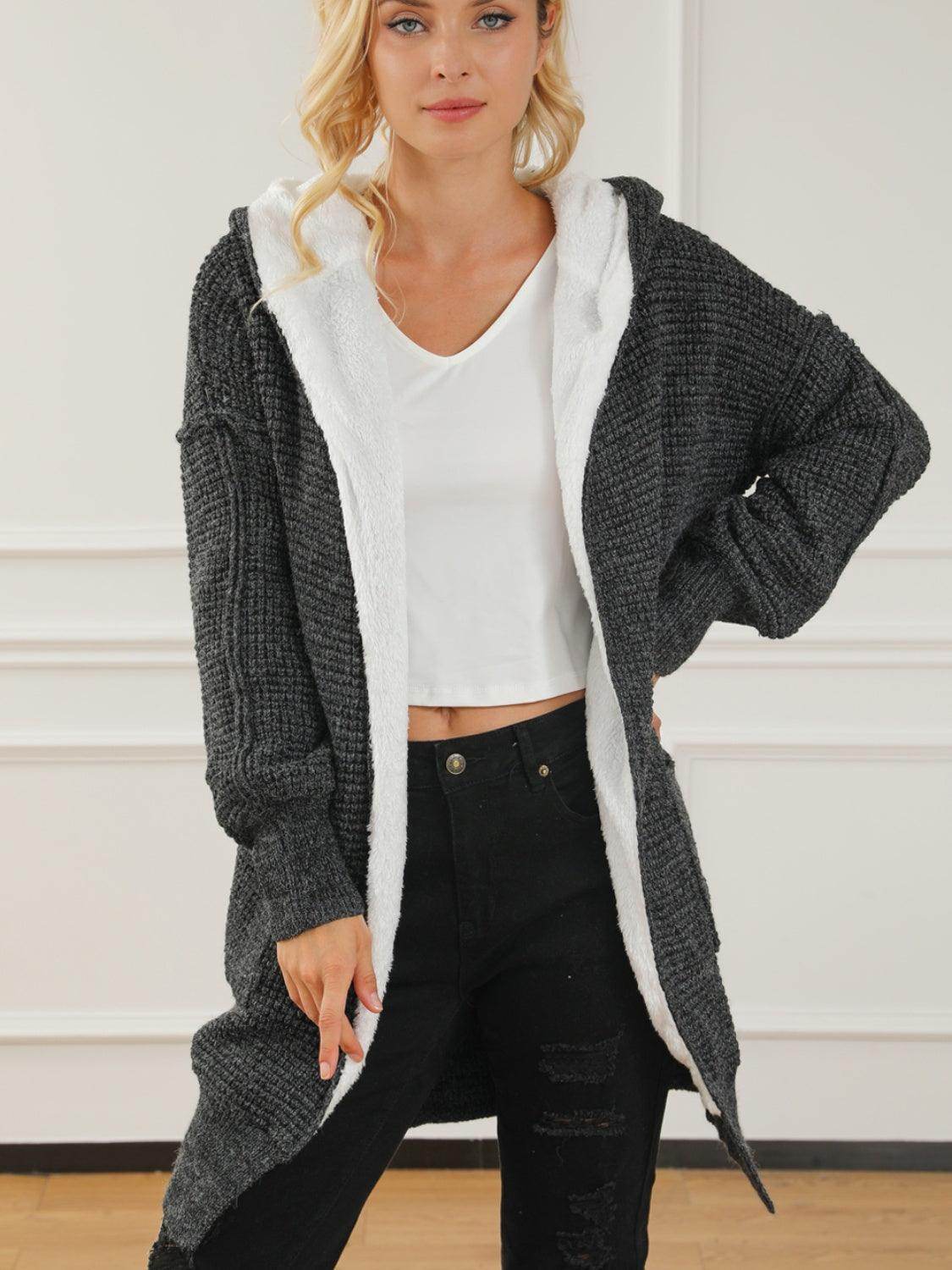 Open Front Hooded Winter Coat with Pockets for Women