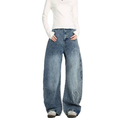 American-style Vintage Letter-embellished Rhinestone Dagger Jeans
