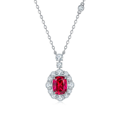 S925 Silver 5g Platinum Plated 4ct Lab-Created Ruby Necklace, 9x7mm Halo Pendant, 40&5cm