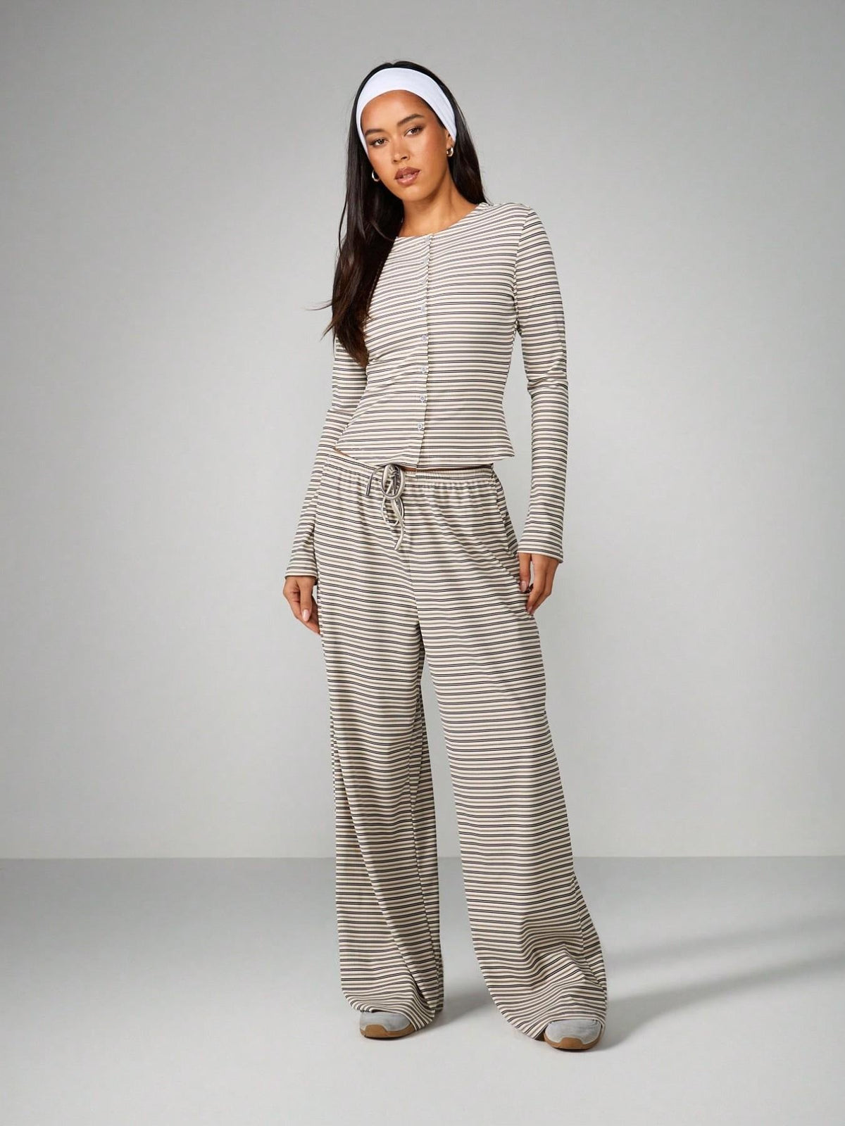 Women's Striped Single-breasted Knit Long-sleeve Pants Set