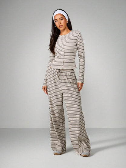 Women's Striped Single-breasted Knit Long-sleeve Pants Set