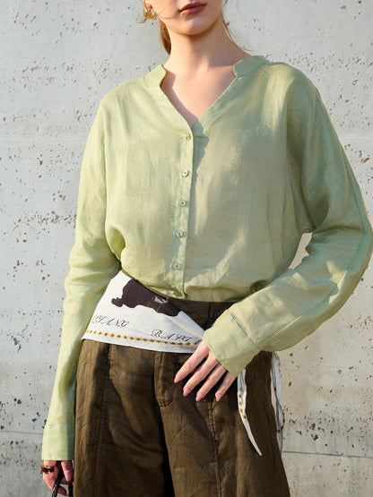 Ramie V-Neck Long Sleeve Blouse
