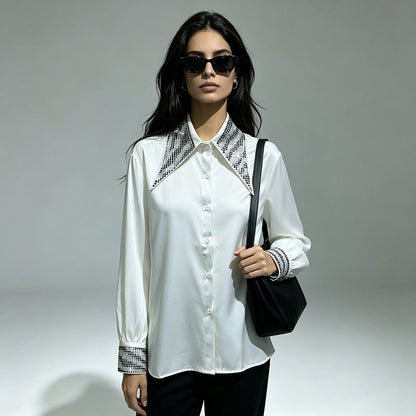 Rhinestone Collar & Cuff Button-Up Satin Shirt