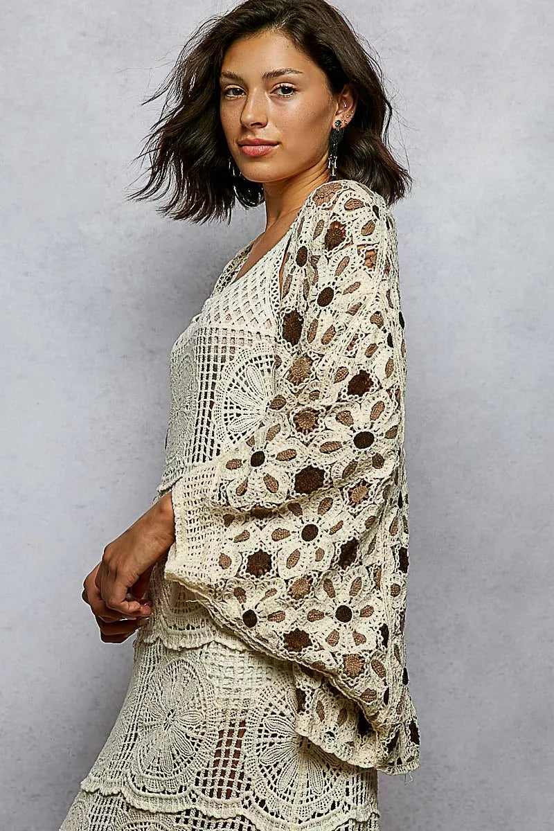 POL Open Front Floral Pattern Crochet Cardigan