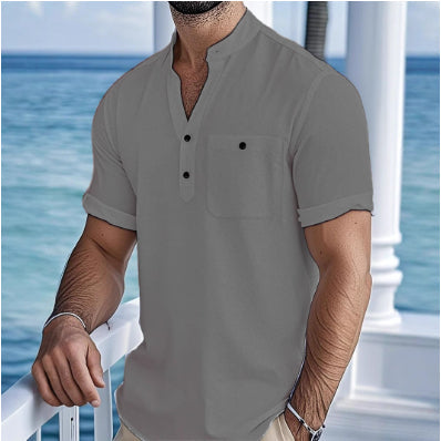 Stand Collar T-shirt Linen Short Sleeve Shirt Men