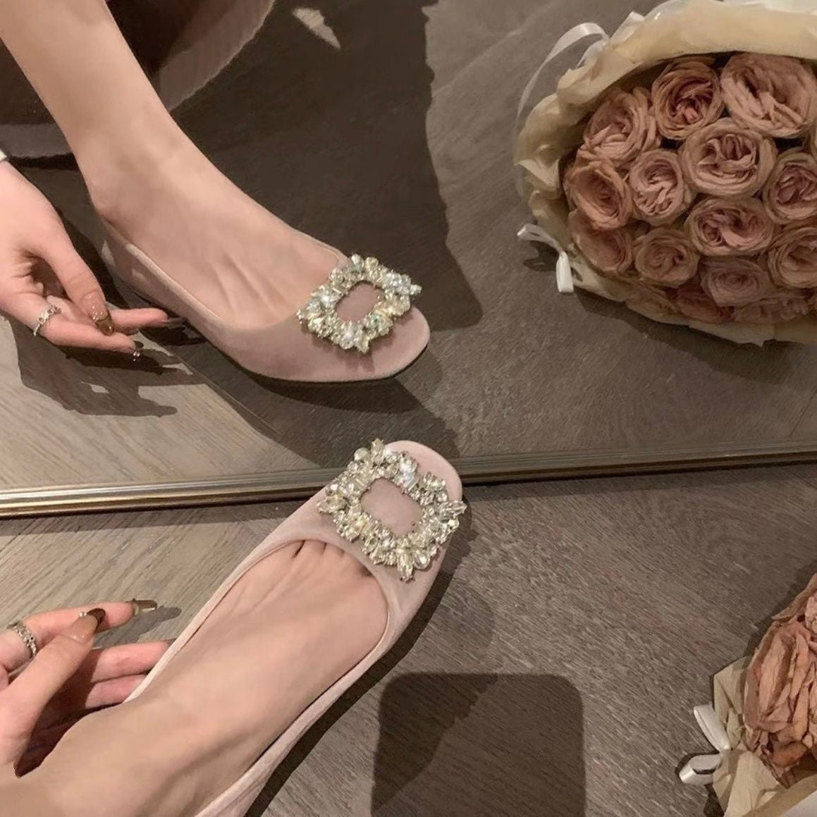 High Sense Square Toe Rhinestone Pumps Women