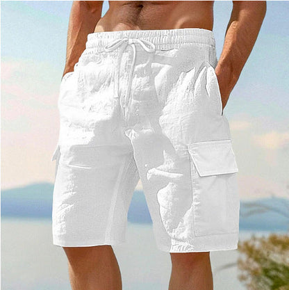 Beach Shorts With Elastic Waist Drawstring Multiple Pockets Solid Color