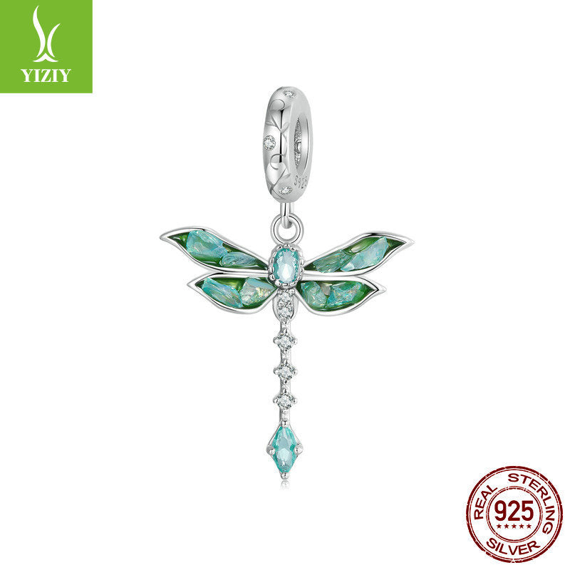 Silver Charm Original Retro Green Dragonfly DIY Pendant Accessories Charm Lucky s925 Pure Silver Insect Beads