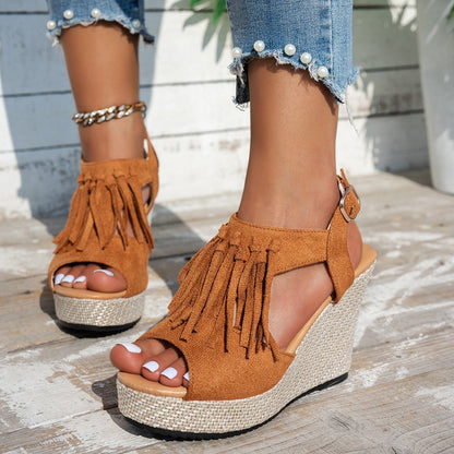Fringe Peep-toe Wedge Sandals For Women