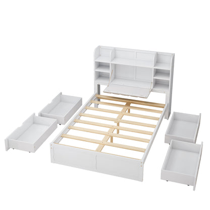 Multi-functional Full Size Bed Frame with 4 Under-bed Portable Storage Drawers and Multi-tier Bedside Storage Shelves White