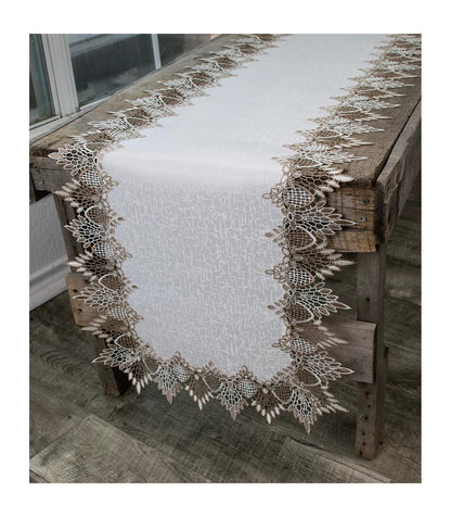 Lace Runner Neutral Earth Tones on White Jacquard Table Runner Dresser Scarf Coffee Table Runner (16Wx54L)