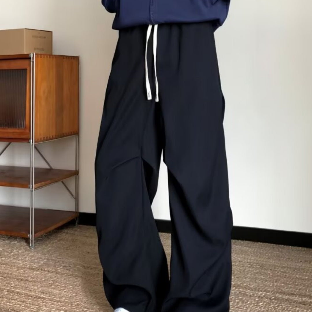 Solid-color Pleated Workwear Mens Straight-leg Loose Wide-leg Versatile Minimalist Drawstring Casual Trousers