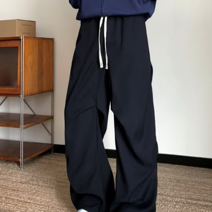 Solid-color Pleated Workwear Mens Straight-leg Loose Wide-leg Versatile Minimalist Drawstring Casual Trousers