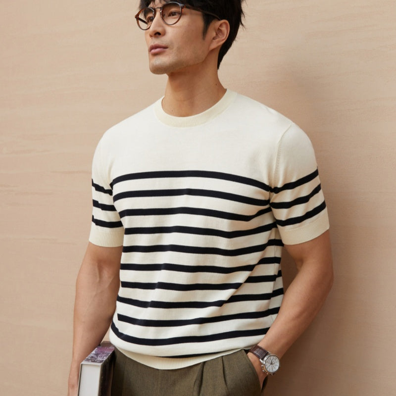 Summer New Short-sleeved Knitted Sweater Men's Striped Light Luxury Business Casual