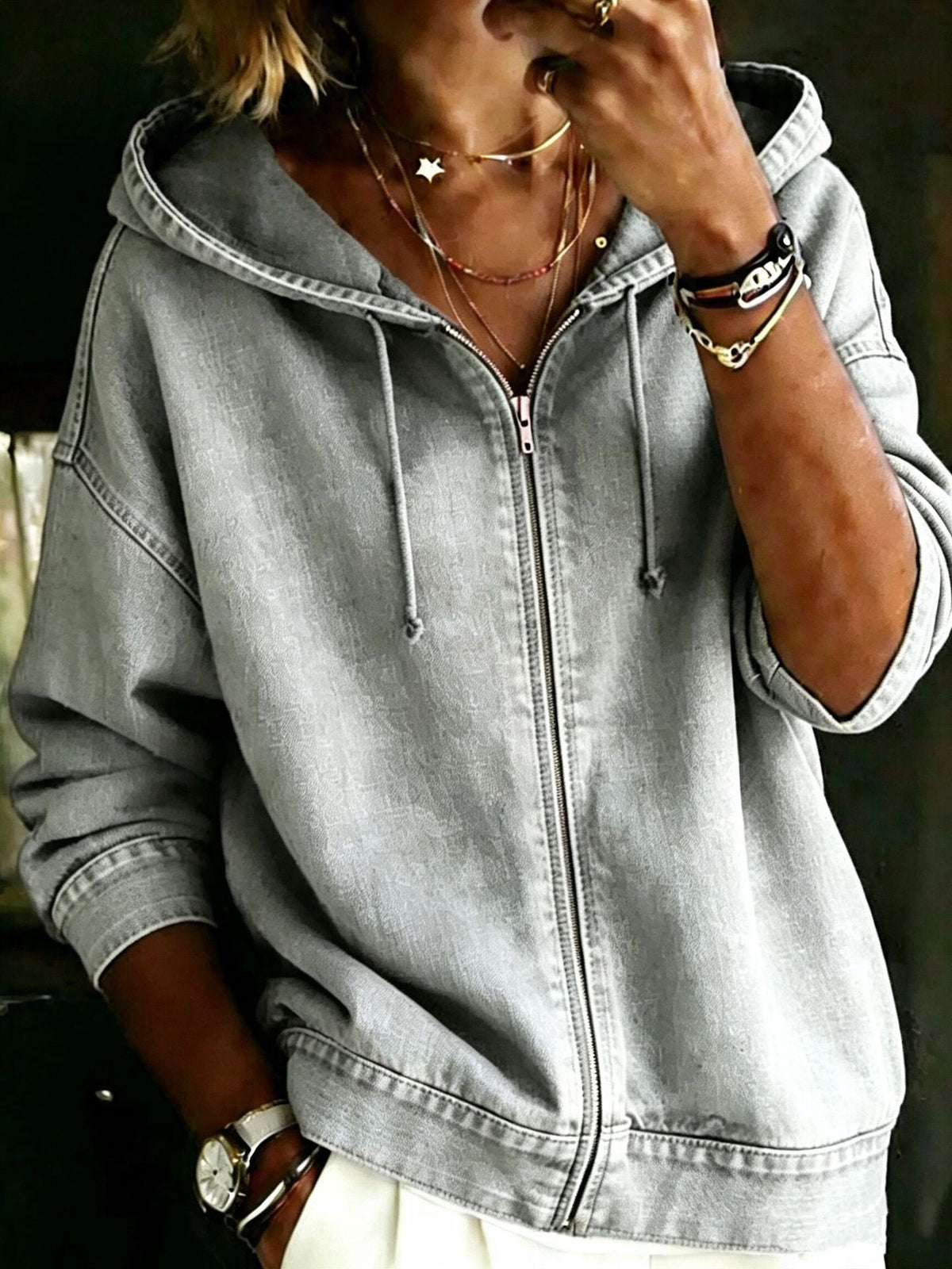 Casual Washed Hoodie With Zipper Loose-fitting And Versatile Top