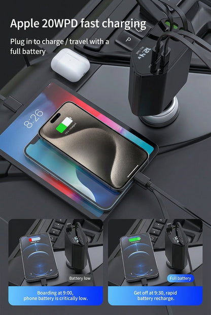 4 In 1 Retractable Car Charger Fast Car Phone Charger 120W With USB Type C Cable