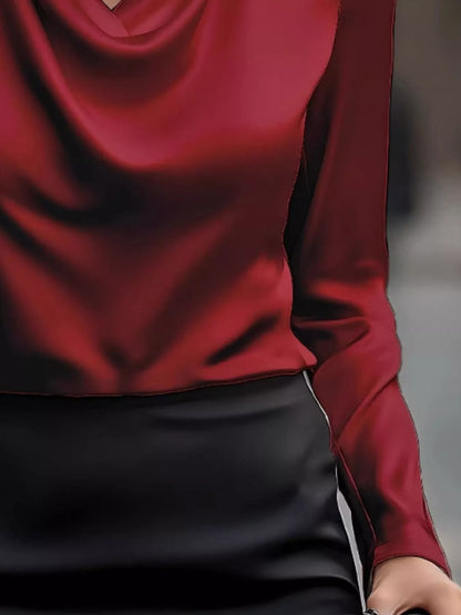 Full Size Satin Cowl Neck Long Sleeve Blouse Plus Size