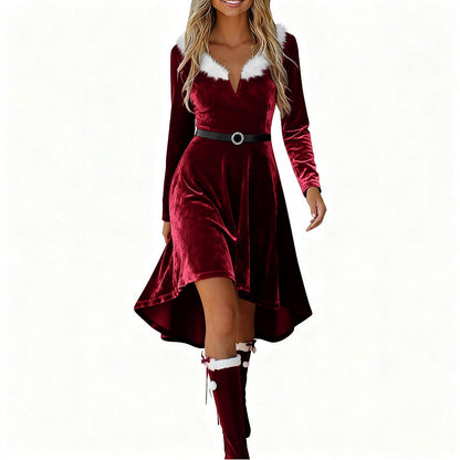 Christmas Womens Fur-Patchwork V-Neck Long-Sleeve Dress