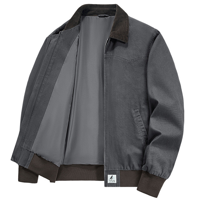 Spring And Autumn Washed Denim Work Jacket With Lapel For Young Men