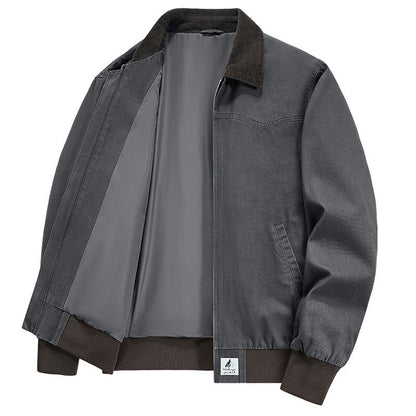 Spring And Autumn Washed Denim Work Jacket With Lapel For Young Men