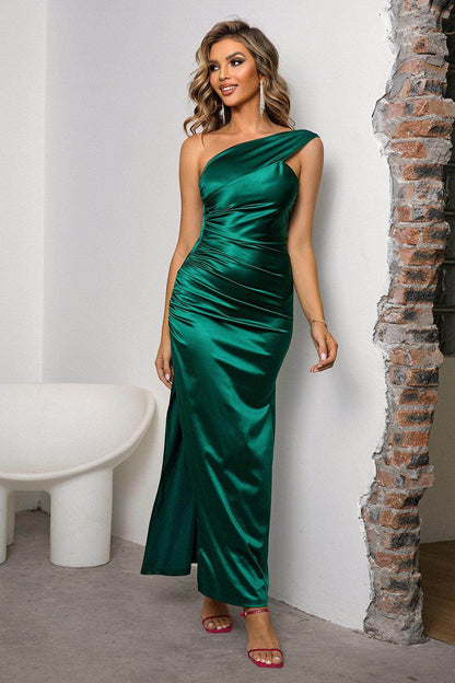 One-Shoulder Ruched Slit Maxi Dress for Elegant Style
