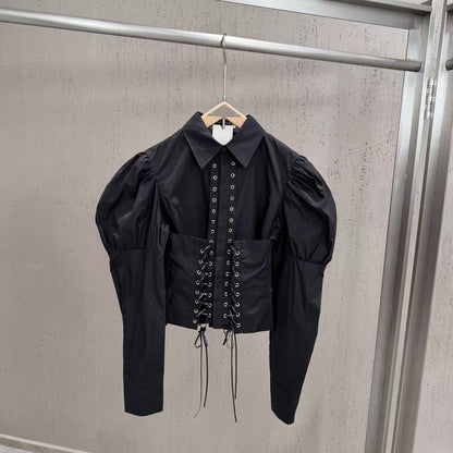 Puff Sleeve Corset Lace-Up Cropped Shirt