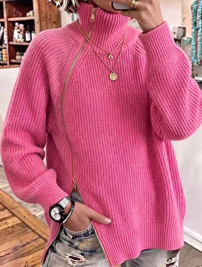 Solid-color Turtleneck Long-sleeve Loose-fit Knit Top With A Side Zipper