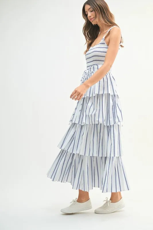 MABLE Pin Stripe Smocked Bodice Layered Midi Dress