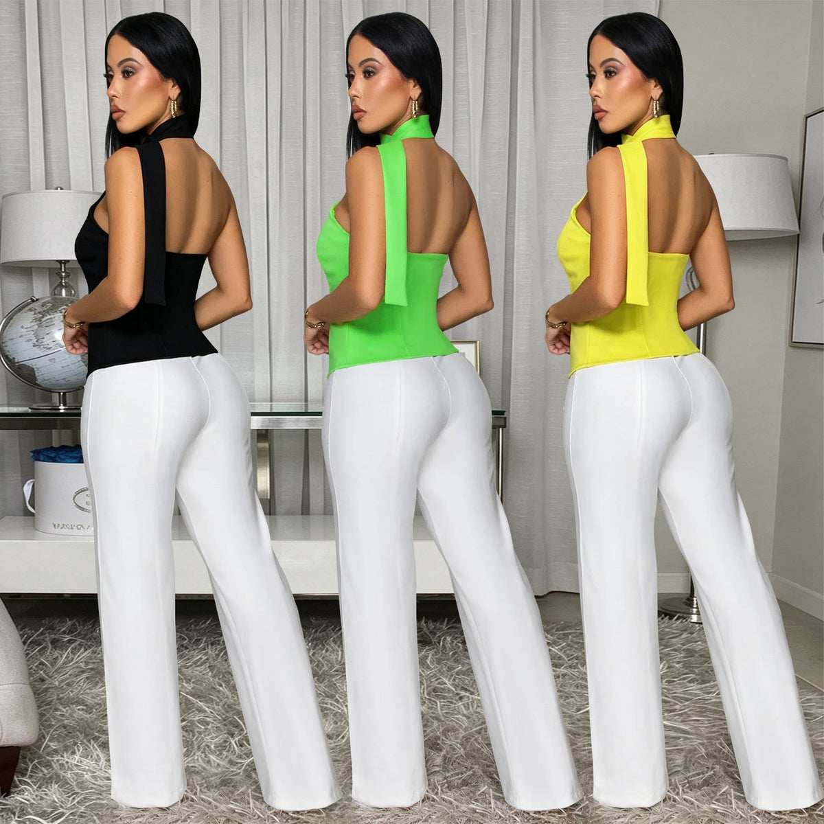 Office-style Halter-neck Fitted Top And Wide-leg Pants Two-piece Set